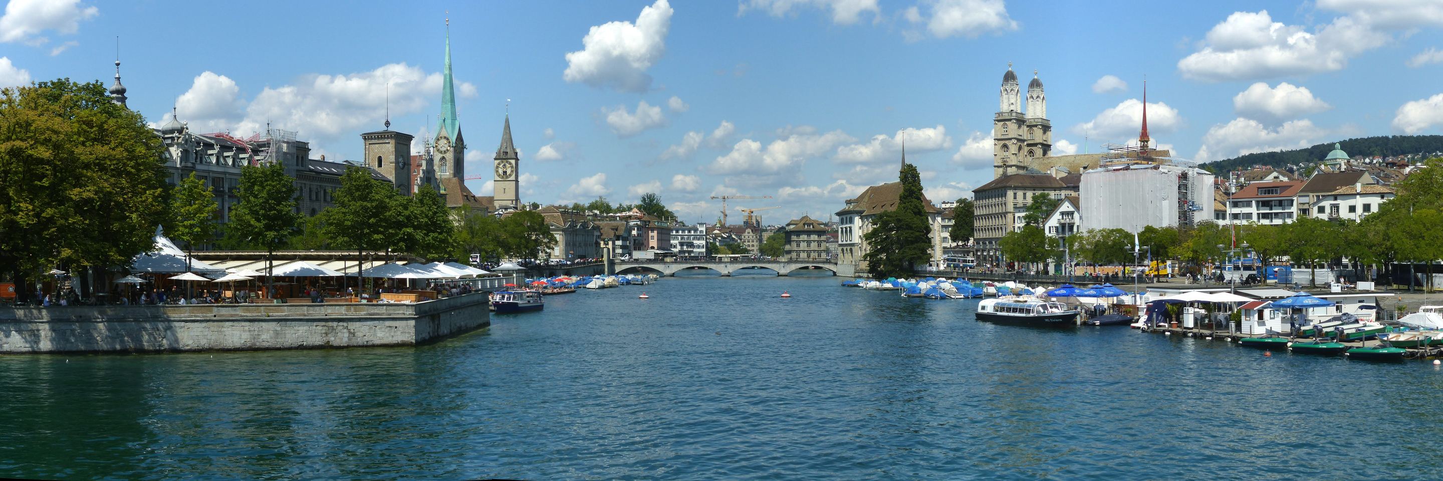 The Limmat river at Quaibrücke in Zurich, with Fraumünster, St. Peter and Grossmünster